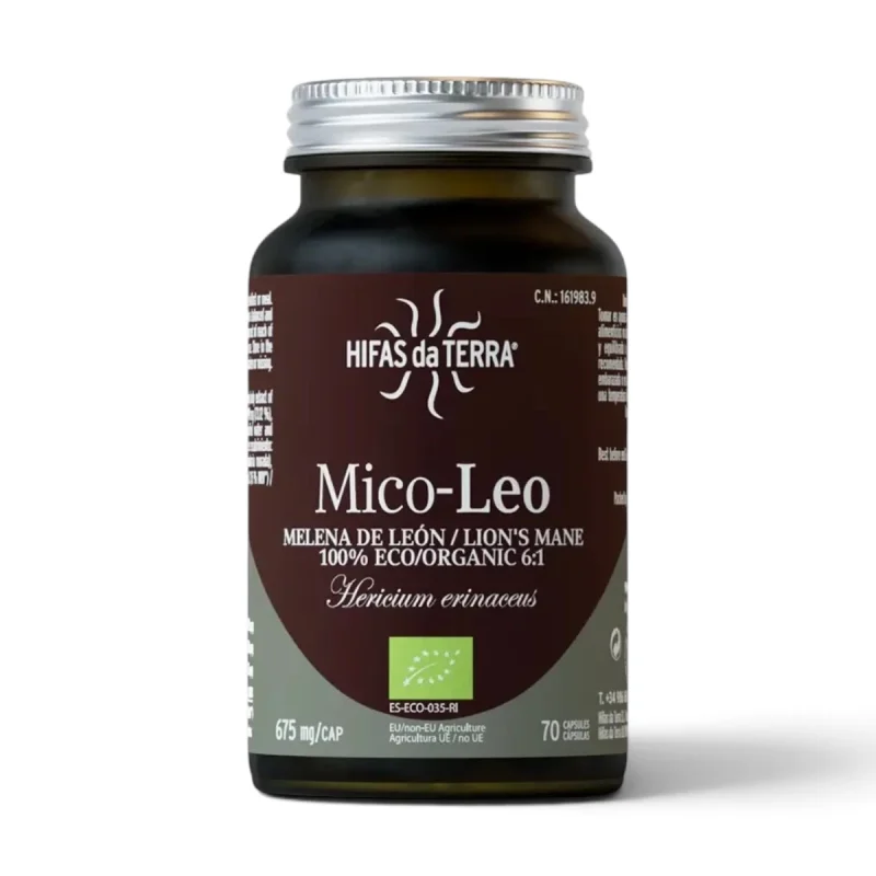 Mico-Leo Hifas da Terra com extrato biológico de juba-de-leão e vitamina C, frasco de 70 cápsulas