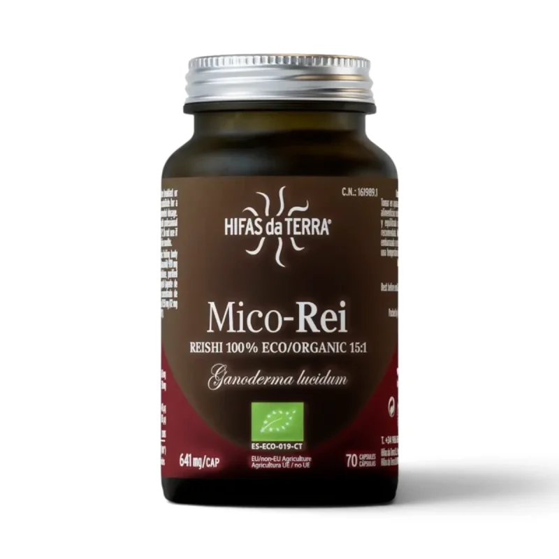 Mico-Rei Hifas da Terra com extrato biológico de Reishi, frasco de 70 cápsulas